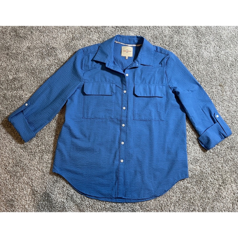Casa Cabana Blue Seersucker Button Down Shirt Womens Large 3/4 Sleeve Pocket